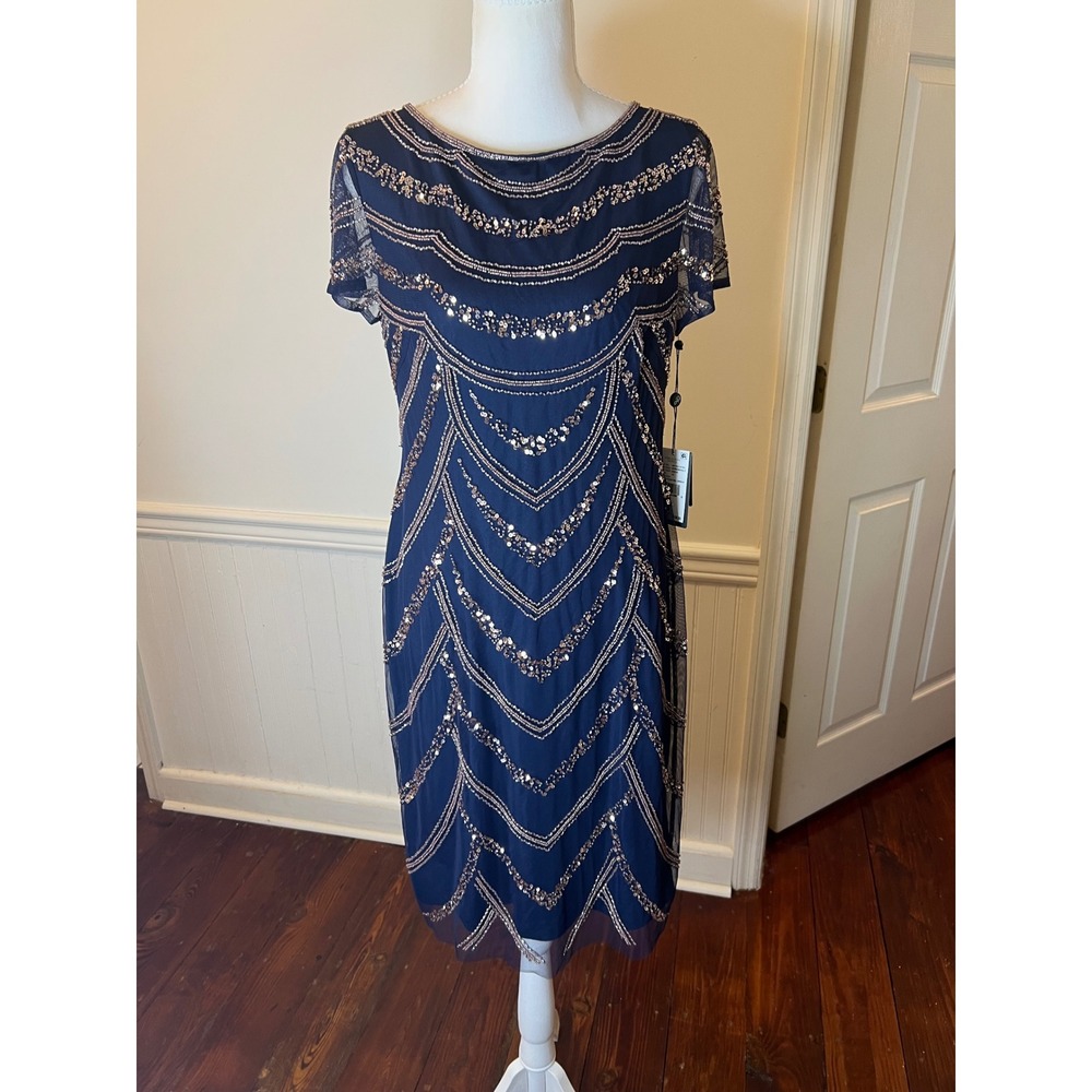 Adrianna Papell Navy Blue Sequin Beaded Art Deco Sheath Cocktail Dress NEW 10 - Picture 7 of 16